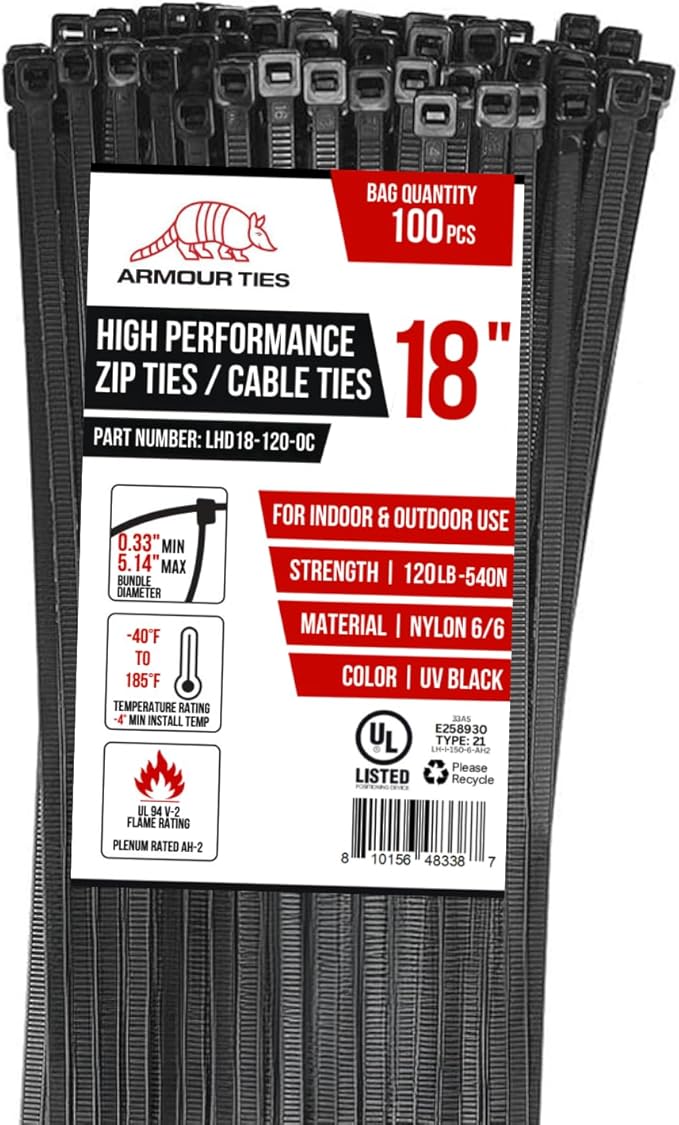18-inch Black Zip Ties Heavy Duty UV Resistant Nylon Cable Ties, 120lb Tensile Strength, 100-Pack - Durable Wire Ties, Heavy Duty Tie Straps Indoor and Outdoor Cable Management Solution by ARMOUR TIES