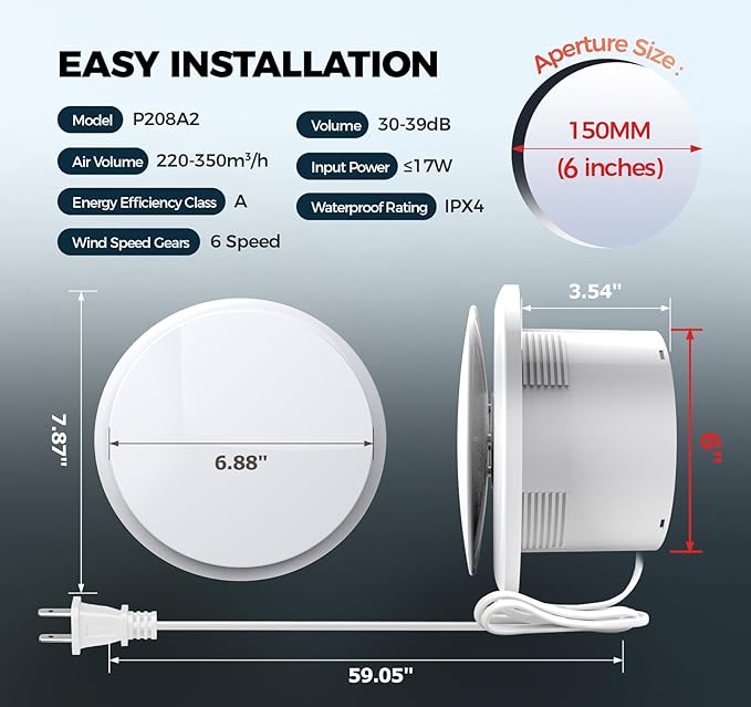 Bathroom Exhaust Fan with Light, 10 RGB Lights Upgraded 2 Way 6 Speed Bathroom Fan with Light & Remote DC Motor 3000 RPM Energy Saving Household Ventilation Fans for Attic Basement Garage P208A