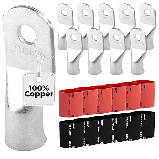 SELTERM 10pcs - 4/0 Awg (XL) 3/8" Stud Battery Lugs - Ring Terminal Connectors with 12pcs 3:1 Black & Red Heat Shrink Tubing with Adhesive, Heavy Duty Battery Cable Ends - Tinned Copper Wire Lugs Kit