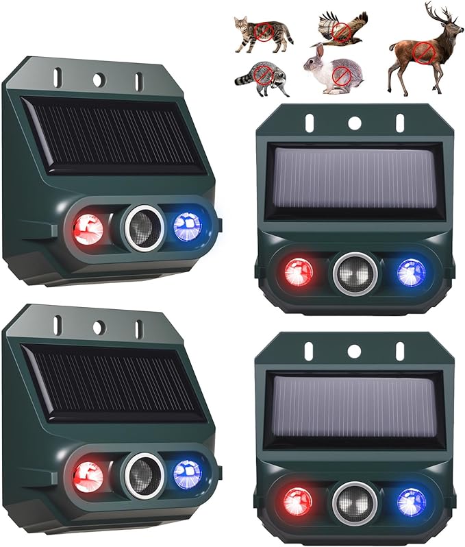 2026 4 Packs Solar Ultrasonic Nocturnal Animal Repeller,Ultrasonic Bird Cat Deterrent Outdoor for Yard Farm,Predator Lights with Red&Blue for Cat Fox,Effective Bear Repellent Outdoor for Chicken Coop