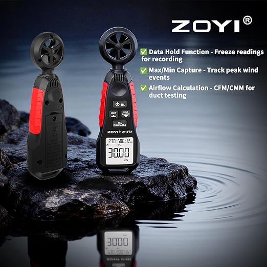 ZOYI ZT-FS1 Digital Anemometer, 3-in-1 Handheld Wind Speed Meter for Air Velocity, Wind Temperature & Air Flow (CFM/CMM), for HVAC, Drone, Fan, Ventilation Tester