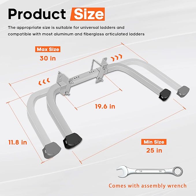 Aluminum Ladder Stabilizer Accessory for Roof Gutters with Wrench, Heavy Duty Extension Ladder Accessory, Wing Spread Wall Ladder Support/Wall Ladder Hook with Non-Slip Rubber Backing Pad