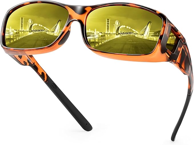URUMQI Night Vision Driving Glasses Fit Over Eyeglasses for Men Women, Anti Glare Polarized Nighttime Glasses Yellow Lens