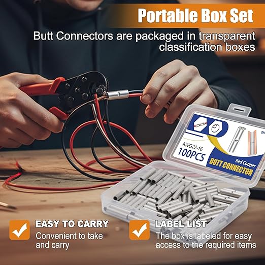 mankk 100PCS Non Insulated Butt Connectors Kit AWG16-14 Tinned Red Copper Butt Connector Uninsulated Butt Connector Wire Crimp Connectors for Electrical Appliances Cars Boats BN2