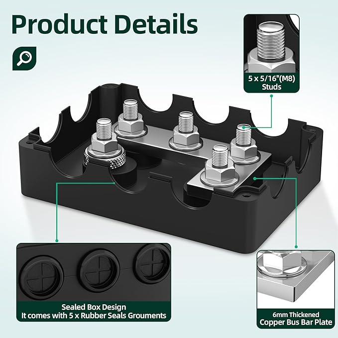 ANL Fuse Holder Max 1000A 1 in 6 Out Waterproof Anl Fuse Block with 5 x 5/16" Studs Dual Fuse Holder with 300 Amp, 400 Amp, 500 Amp and 600 Amp ANL Fuses for Marine Automotive Car Truck Boat