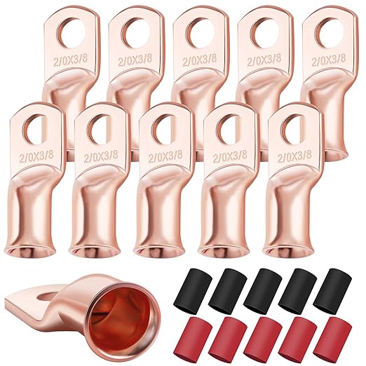 XHF 10PCS 2/0 AWG-3/8 Heavy Duty Battery Lugs with 3:1 Heat Shrink Tubing, Ring Terminals Battery Cable Ends Copper Eyelets Electrical Battery Connectors