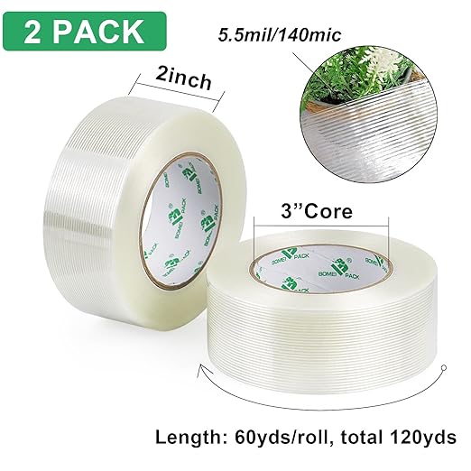 BOMEI PACK Filament Strapping Tape, 5.5 Mil 2 Inch x 60 Yards, Heavy Duty Reinforced Fiberglass Packing Tape, 2 Pack