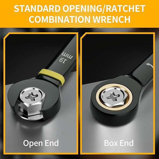 Ratcheting Wrench Set Metric And Standard, 9PC 8-19 mm 72Th Long Big Box Open End Ratchet Wrenches Organizer With Color Ring With Roll Up Pouch With 1 Gauge, Large Combination Wrench Tool Sets