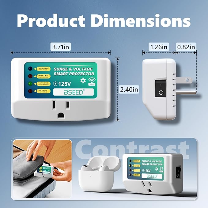 BSEED WiFi Smart Plug, Single Outlet Surge Voltage Protector with Light Indicator, APP Control, Energy Monitoring, 125V/1875W, FCC Listed, Wall Mount Power Suppressor for Refrigerator/TV/PC, 2 Pack
