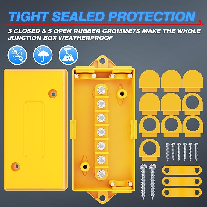 MICTUNING 7 Way Electrical Trailer Junction Box - 7 Gang Trailer Wire Connection Box Weatherproof for Rewiring Camper RV Caravans Boat Light, Yellow Cover