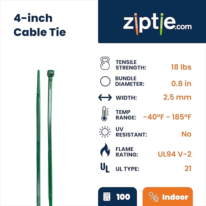 ZipTie.com 4-Inch Dark Green Multi-Purpose Zip Ties - 18-lb Tensile Strength Cord Management - UL 21 Listed Tie Wraps - Indoor Multi-Purpose (100-Pack)