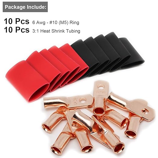 TKDMR 10pcs 6 AWG- #10 Battery Lugs,Heavy Duty Wire Lugs,Ring Terminals,Battery Cable Ends,0 Guage terminals,Battery Terminal Connectors with 10pcs 3:1 Heat Shrink Tubing