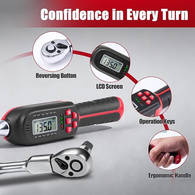 Adjustable Digital Torque Wrench 5-100 ft.lb/6.8-135 N.m, Interchangeable Electronic Torque Wrench with 42 mm Open End and 1/2 inch Ratchet, 2% Accuracy, LED Buzzer Alert, for HVAC