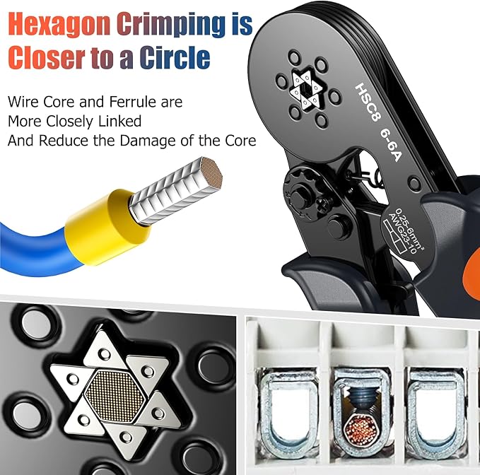 Preciva Ferrule Crimping Tool Kit with 1900PCS Wire Connectors, Hexagonal AWG23-10 Sawtooth Self-Adjustable Ratchet Wire Terminals Crimper Kit