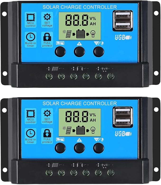 2pcs 30A Solar Charge Controller 12V/ 24V Solar Panel Charge Controller Intelligent Regulator with 5V Dual USB Port Display Adjustable Parameter LCD Display and Timer Setting ON/Off Hours