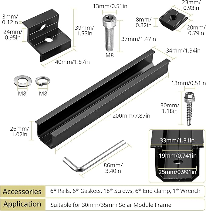 Anbte Solar Panel Bracket Kit, 6 Pcs 7.87 in Aluminium Solar Panel Mounting Rail 30mm/35mm Solar Panel End Clamps, Solar Panel Brackets for Metal Roof, Tin Roof, Flat Roof, Sheet Roof, Black
