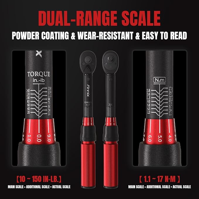 1/4 Inch Drive Click Torque Wrench, 18 PCS Bike Torque Wrench Set Double Scale (10-150lb.in/1.1-17.0Nm/), High Precision with Bit Sockets, Universal Joint, Extension Bar, for Bicycle Maintenance