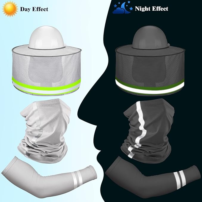 SATINIOR 3 Pcs Sun Hard Hat Neck Protection High Visibility Full Brim Mesh Sun Protection Bandana Headband Arm Sleeves with Reflective Strap for Construction Helmet Hard Hat(Light Gray)