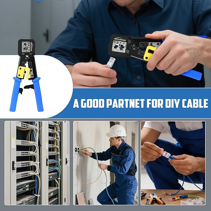 Pass Through RJ45 Crimp Tool Kit Cat 6 Cat 5E Cat 5 Ethernet Crimper Kit RJ45 Crimping Tool with Network Cable Tester, Mini Cable Stripper, 50 Pcs Cat6 Connectors and Strain Relief Boots