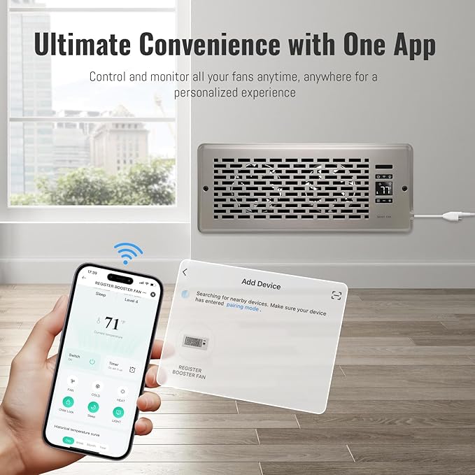 Register Booster Fan for 4" x 12" Register Holes, Quiet Vent Fan Booster with Intelligent Thermostat, Improves Heating Cooling, App Control, 10-Speeds, Manhattan Smart Register Vent, SN