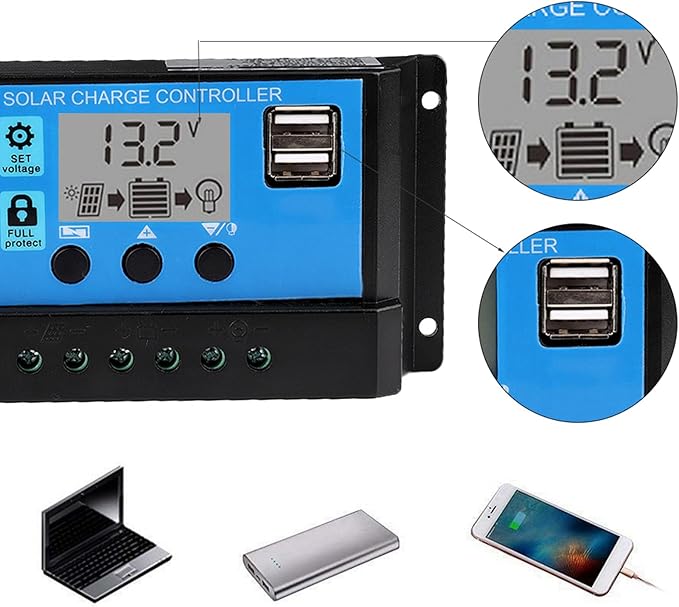 60A Solar Controller 12V 24V PWM Solar Battery Regulator with LCD Display MOSFET , Adjustable Parameters, USB Output, for 12V/24V Solar Panel System
