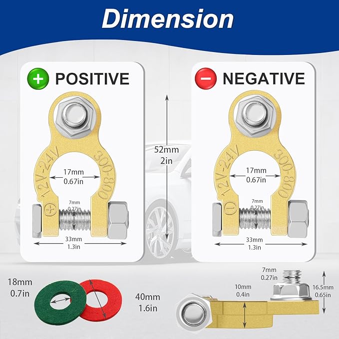 Tnisesm Brass Battery Terminal Connectors with Anti-Corrosion, Battery Terminals M8 x 16mm Bolt, Top Post Battery Terminals Clamp Set for Marine Car Boat RV Vehicles