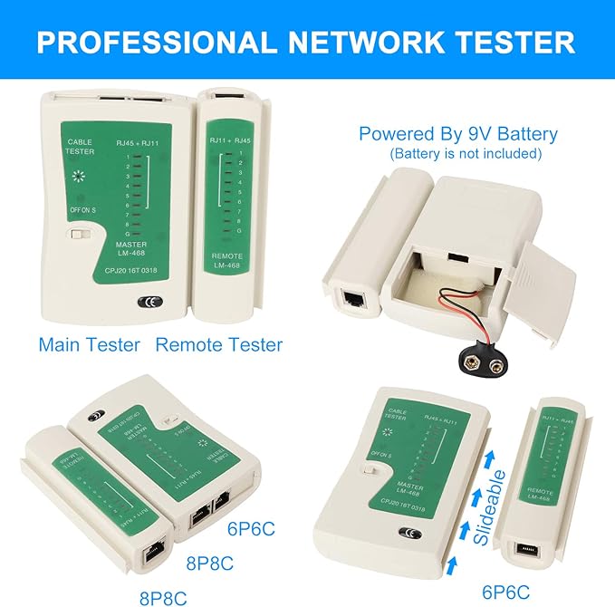 RJ45 Crimp Tool Kit for Cat5 Cat5e Cat6, Ethernet Crimper Toolkit with a RJ45 Crimping Tool, RJ45 Cat5 Connectors, RJ45 Connector Covers, Network Cable Tester, Pack of 10