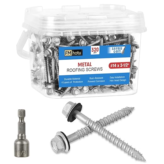 Metal Roofing Screws #14×2-1/2Inch, 320-PCS, Hex Head Rustpert Coating Sheet Metal to Wood Siding Screw with EPDM Rubber Washer, Sharp Point, Hex Socket Included