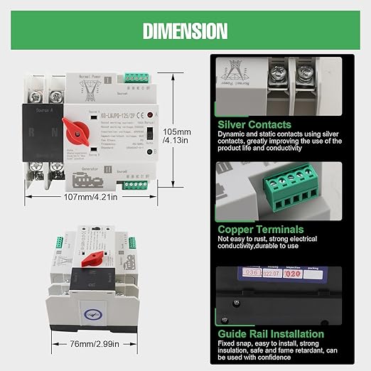 2P 100A Dual Power Automatic Transfer Switch 220V Generator Changeover Switch Tools Dual Power Transfer Switch Din Rail Mounting Type 50HZ/60HZ
