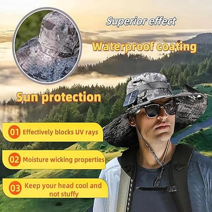 Hat with Fans Solar Power Wide Brim Solar Fan Hats for Men Women UPF 50+ Bucket Fishing Hat with Fan Outdoor