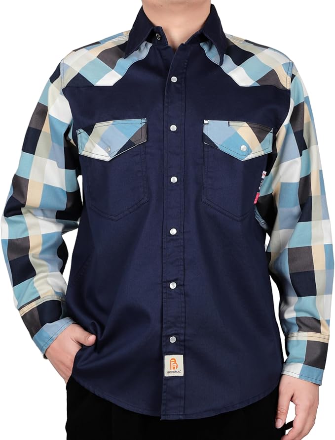 BOCOMAL FR Shirts Pearl Snaps Two Tone Plaid/Solid Flame Resistant Cotton Welding Shirt NFPA 2112 CAT 2