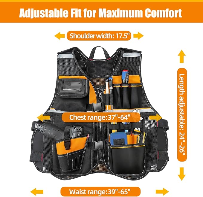 Electrician Tool Vest for Men, Tool Vest Electrician with Molded Drill Holster, 1680D Heavy Duty Adjustable Work Vest, Reflective Workwear with 16 Storage Spaces (Orange)