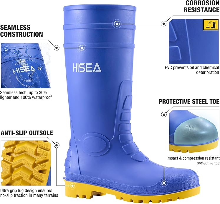 HISEA Men's Steel Toe Rain Boots PVC Rubber Boots, Waterproof Garden Fishing Outdoor Work Boots, Durable Slip Resistant Knee Boots for Agriculture and Industrial Working