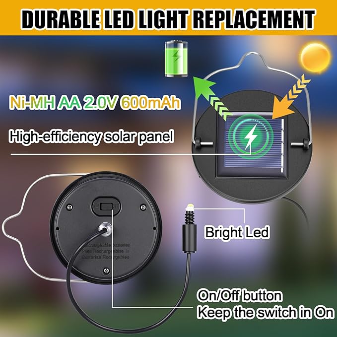 Kingdder 12 Pack Solar Light Replacement Top, 3 Inch Solar Lantern Replacement Lid with 600mah Rechargeable Battery, Waterproof Hanging Lamp Parts for Outdoor Patio Garden (Warm Yellow Light)