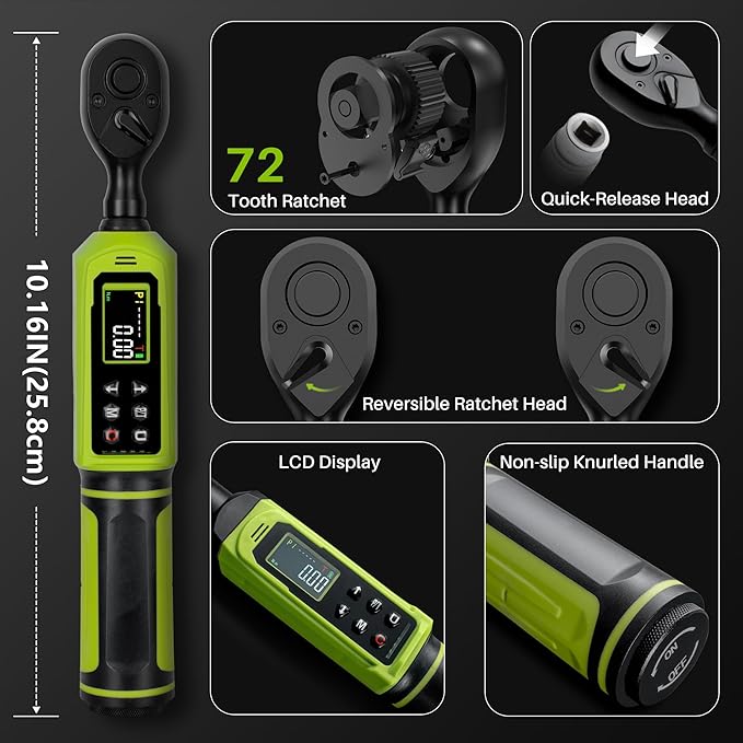 Digital Torque Wrench 3/8"Drive-0.66-44.25Ft.Lb, 0.9-60N.m, Electric Torque Wrench With Vibration Buzzer LED Indicator, ±2% Accuracy Five Units for Bike Motorcycle Car Auto Repair,Green Black