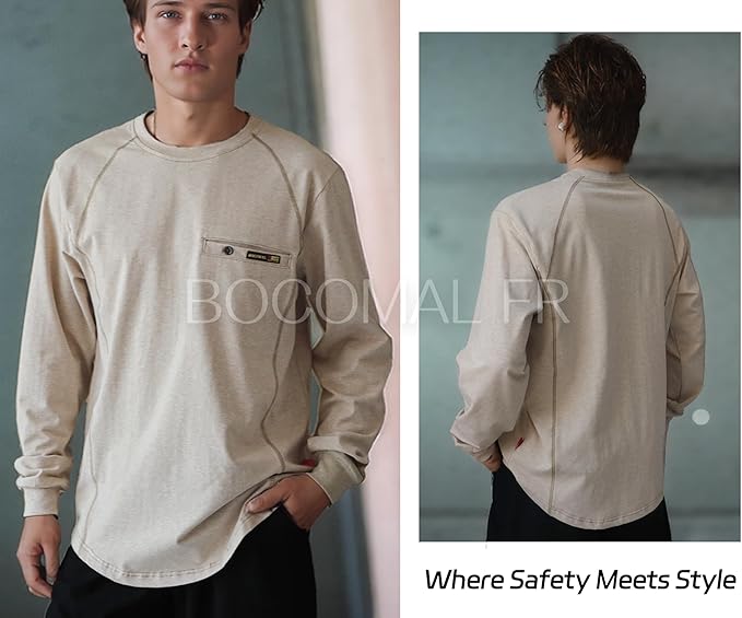 BOCOMAL FR Shirts for Men Melt Pocket Lightweight Crew T-Shirt NFPA2112/CAT2 Fire Resistant Work Shirt