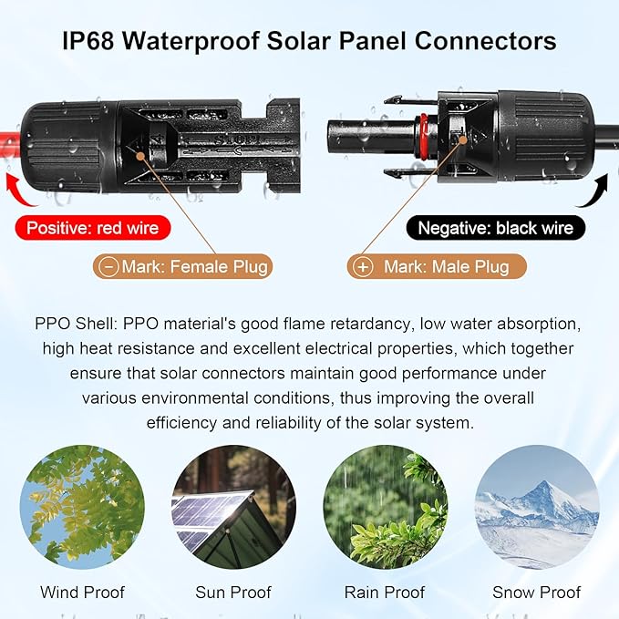 10AWG Solar Extension Panel Cable - 100FT PV Wire with Waterproof Female and Male Connector and Adaptor Kit Tool PV Wire for RV, Home, Boat, Solar Panels(100feet Red + 100feet Black)