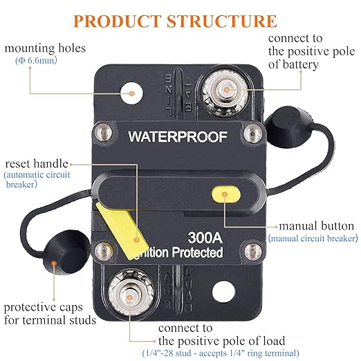 300 Amp Circuit Breaker with Manual Reset, DC 12V - 48V Circuit Protector for Marine Trolling Motor Car Amplifier RV Solar Truck ATV Inverter, Waterproof Surface-Mount Inline Fuse Holder