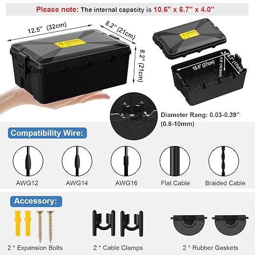 Large Outdoor Electrical Box Waterproof 12.8 x 8.2 x 5 in, IP54 Waterproof Extension Cord Cover Outlet Box, Weatherproof Connection Box for Electronics Outside, Power Strip, Light, Plug