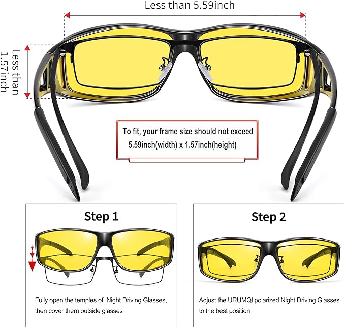 URUMQI Night Vision Driving Glasses Fit Over Eyeglasses for Men Women, Anti Glare Polarized Nighttime Glasses Yellow Lens