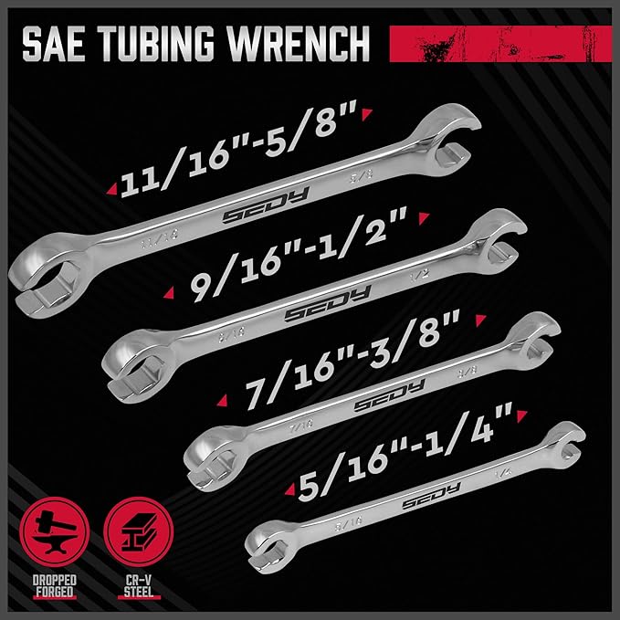 4-Piece Flare Nut Wrench Set - SAE Brake Line Wrench 1/4, 5/16, 3/8, 7/16, 1/2, 9/16, 5/8, 11/16-inch, Professional Offset Heads, Portable Organizer Pouch Included