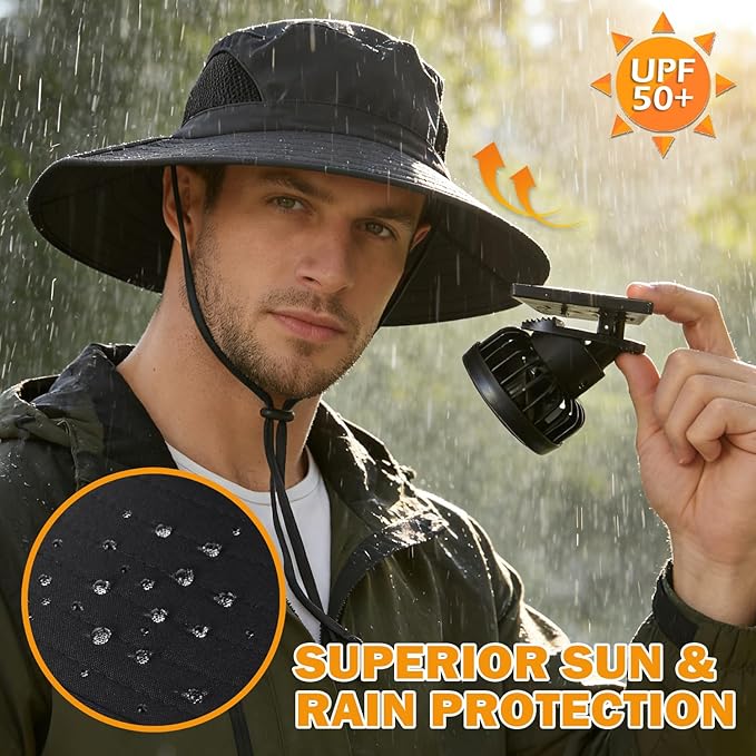 EINSKEY Solar Powered Fan Hat, UPF50+ Wide Brim Bucket Hat with Ultralight Clip-On Fans for Outdoor Hiking Fishing Gardening