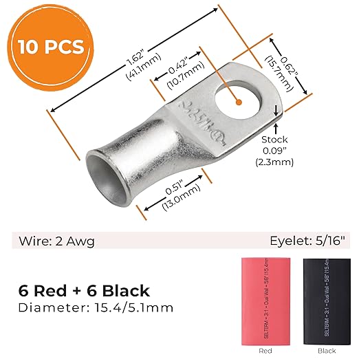 SELTERM 10pcs - 2 Awg - 5/16" Stud - Battery Lugs - Ring Terminal Connectors | with 12pcs 3:1 Black & Red Heat Shrink Tubing with Adhesive | Heavy Duty Battery Cable Ends - Tinned Copper Wire Lugs Kit