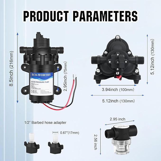 ECO-WORTHY RV Fresh Water Pump 12V DC 3.5GPM 45PSI with Pressure Switch, 12Volt Self Priming Water Pressure Diaphragm Pump On demand for RV Yacht Camper Sprayer Food Truck Black