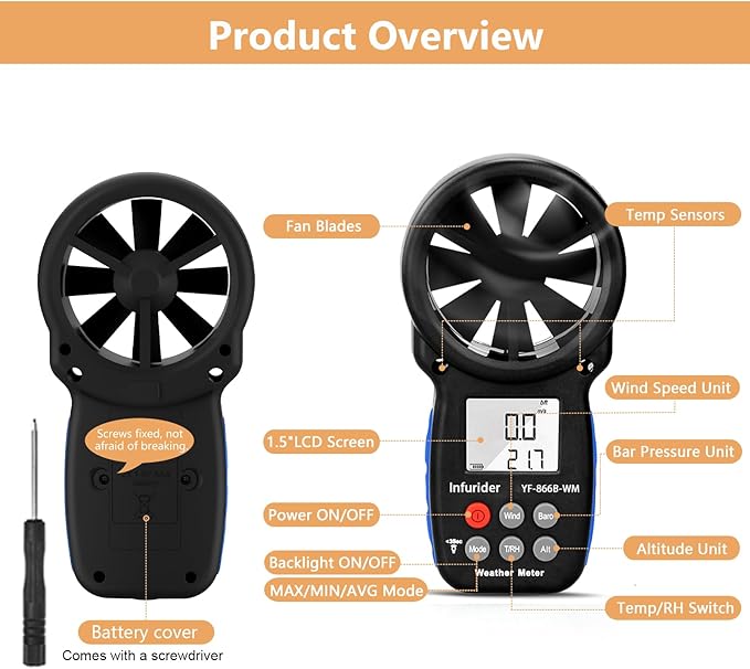 [2 PCS] HoldPeak Handheld Anemometer Barometer, Weather Meter for Wind Speed, Temperature, Humidity, Dew Point, Altitude, Barometric Pressure, Wind Chill Measuring, Digital Wind Guage 866B-WM