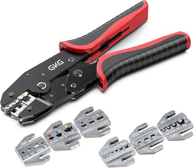 GKG 6 Piece Ratcheting Crimper Tool Kit, Quick Exchange Wire Cimping Tool for Heat Shrink ButtConnectors. Insulated, Non-nsulated, Ferule Terminal, Open Barel Terminals & MC4 Connectors