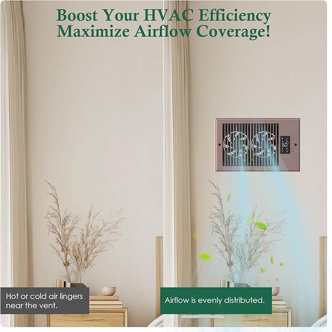 Register Booster Fan 6" x 10" with Negative Ion, Manual Airflow Direction Control, Quiet 10-Speed Heating Cooling AC Vent Fan with Remote & Thermostat Control for Wall Floor, Bronze