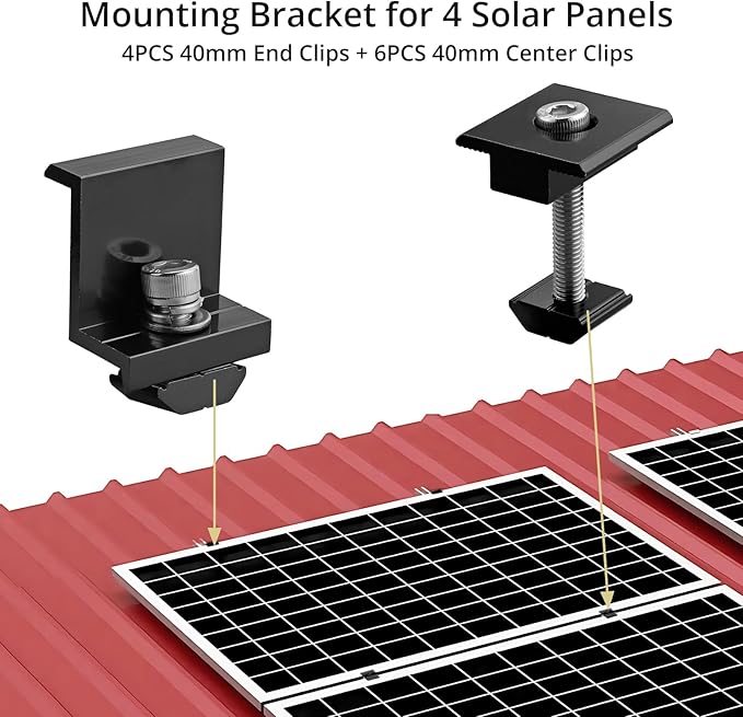 Anbte 10 PCS Solar Panels Brackets 40mm, Aluminium 6 x T-Shaped Mid Clamps + 4 x End Clamps, Solar Panel Mounting Brackets for Metal, Tin, Flat, Sheet Roofs, RV, Black