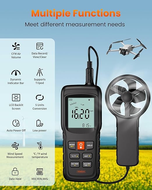 5-in-1 Split Anemometer for Wind Flow, Speed, Temp, Level, Windchill, YOWEXA Air Flow Meter with Big Backlit Screen, Wind Meter Supports Data Storage, Tripod Socket for HVAC Drone Sailing Hunting