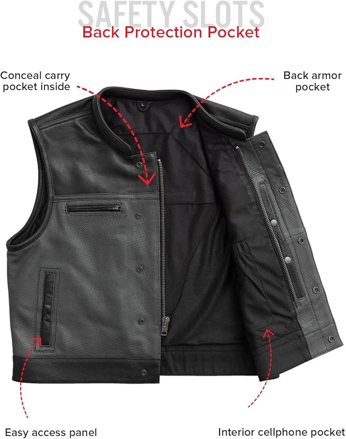 First Mfg Co Lowrider Mens Motorcycle Biker Riding Armor Club Style Black Leather, Twill, Moto Mesh, Perforated Vest